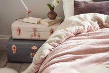 19 feminine bedroom with two suitcase stacked for a bedside table, they look so dreamy and inspiring