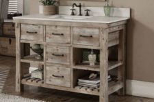 19 whitewashed reclaimed wood vanity with drawers and shelves and a white counter