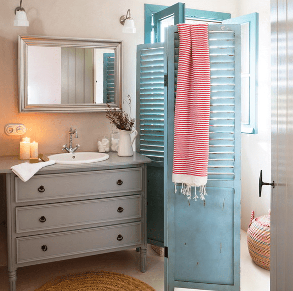 neutral-colored dresser turned into a bathroom vanity