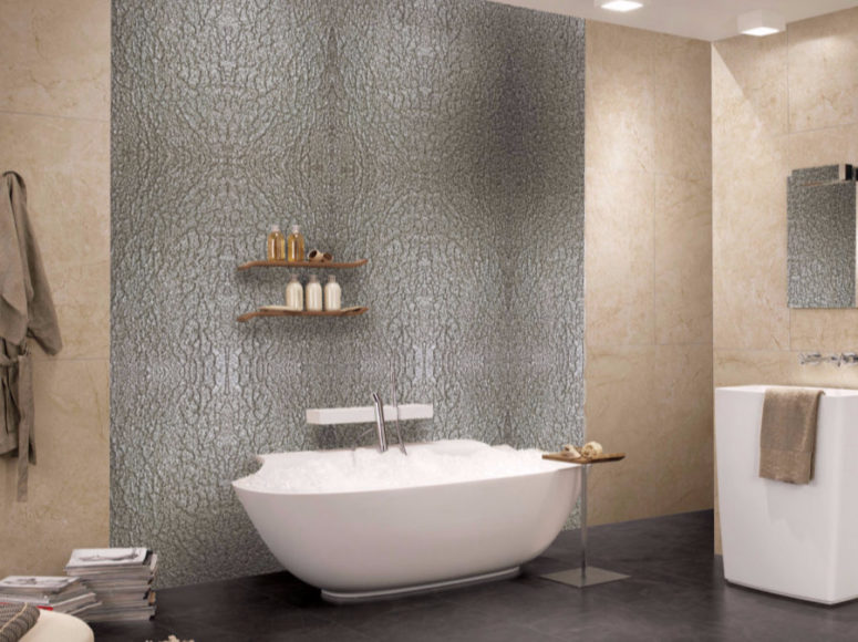 stunning silver metal wall cover for a bathroom instead of traditional tiles