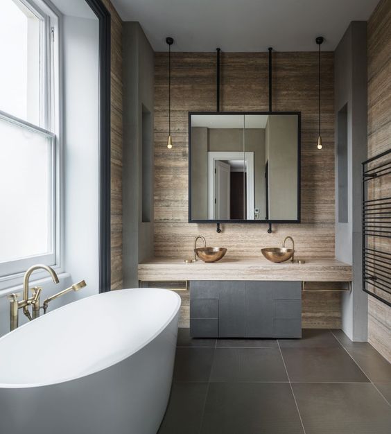 wooden countertop, a concrete vanity with drawers