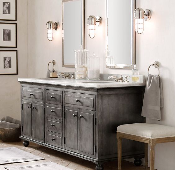 vintage distressed wooden cabinet with a white countertop