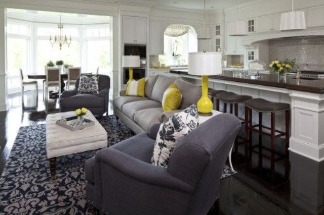 farmhouse-style kitchen and living room with neon accents