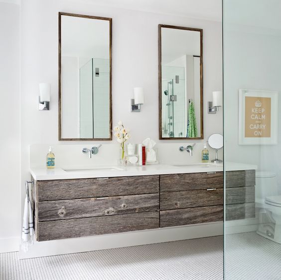 floating reclaimed wood cabinetry with drawers is an eco-friendly choice