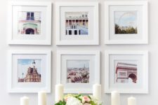 24 light-filled and sweet photo gallery wall with pics from trips, all of them in white frames and of the same size