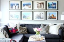 25 photos in black frames covering the whole wall as a statement