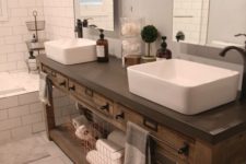 25 reclaimed wood double vanity with a concrete countertop for more durability