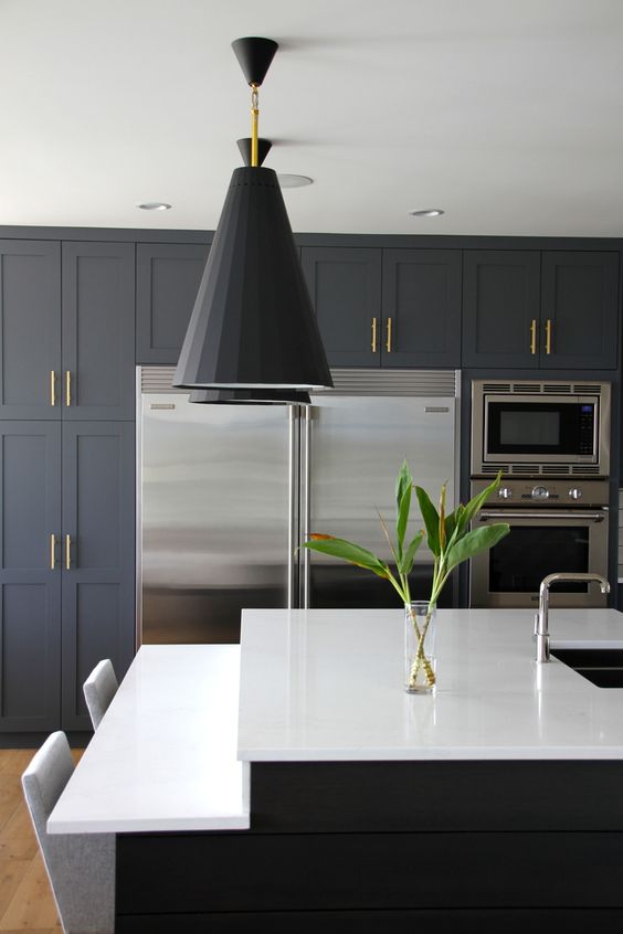 blue grey cabinets, quartz countertops, a dash of open shelving, subway tiles