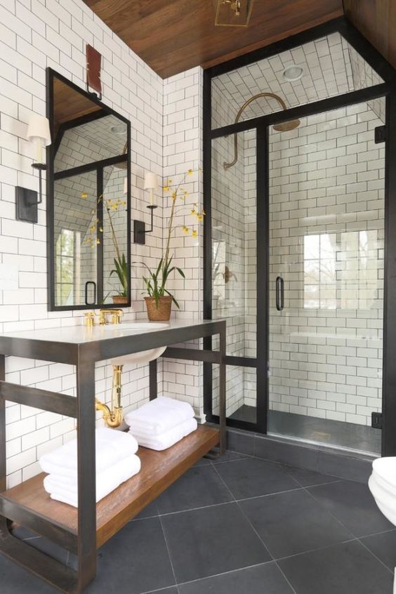 metal and wood bathroom vanity with an open shelf