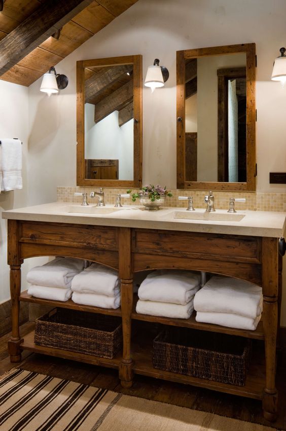 rustic wooden vanity with open shelving with a vintage flair