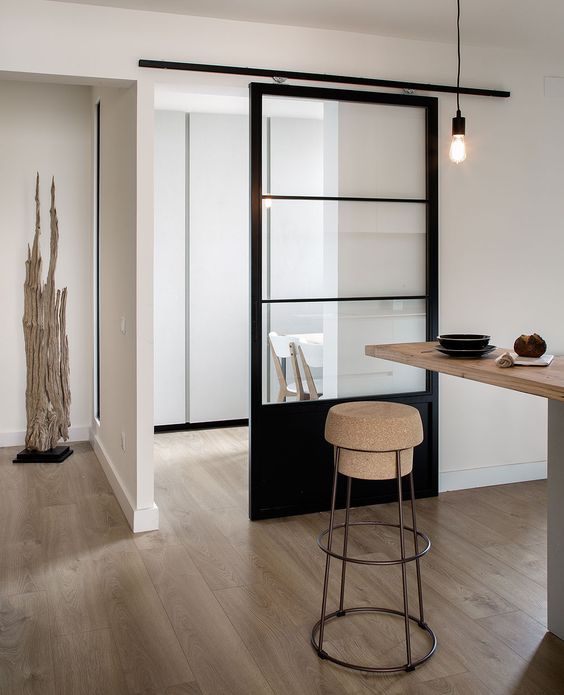 minimalist black frame metal door with glass panes