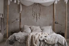 32 Scandinavian-inspired bedroom design with a bamboo frame bed and a canopy for peaceful sleep