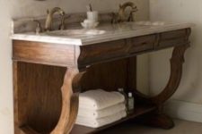 33 vintage rustic bathroom vanity with a stone countertop with an open shelf