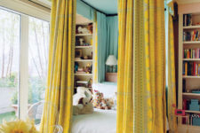34 bold canopy bed in a kid’s room with sunny yellow curtains