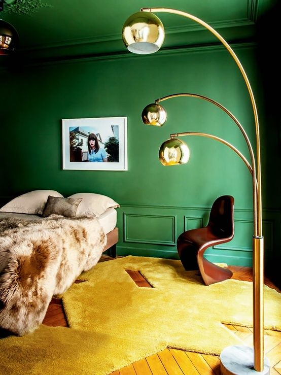34 emerald walls and the ceiling and a yellow floor create a bold statement