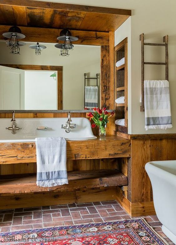 warm-stained open wooden vanity for a farmhouse bathroom