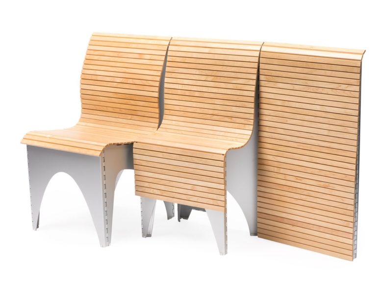 The piece is made of aluminum sheets and teak wood, and it can be folded and unfolded easily with just a couple of movements The piece is made of aluminum sheets and teak wood, and it can be folded and unfolded easily with just a couple of movements