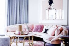 02 a rounded blush sofa with graphic and pink fur pillows is a great idea for a girlish space