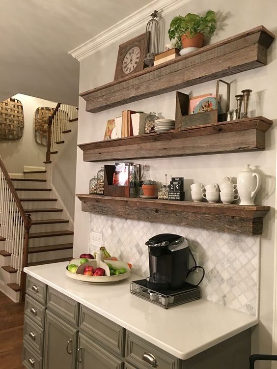 rustic reclaimed wood floating shelves for a traditional kitchen