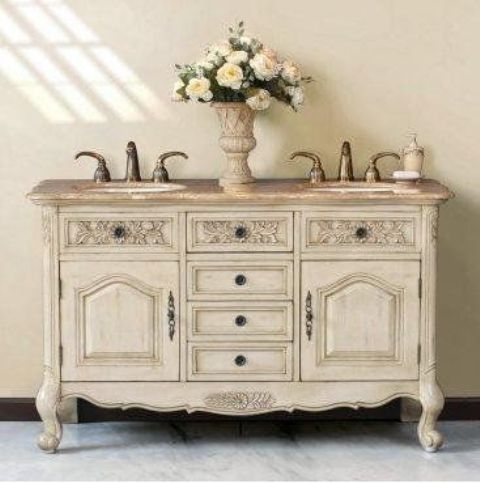 32 Feminine Bathroom Furniture And Appliances Ideas - DigsDigs a vintage bathroom vanity in a soft shade, antique sinks and faucets - 32 Feminine Bathroom Furniture And Appliances Ideas - DigsDigs