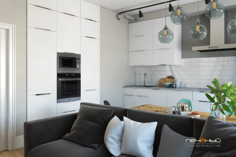 kitchen with subway tiles The modern white kitchen in grey and white with subway tiles is fresh and functional, no handle cabinets look neat