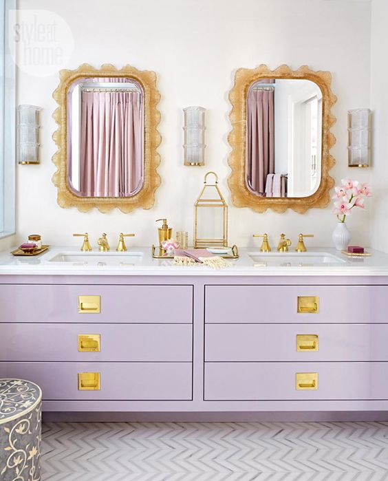 lavender double vanity with gold details for a glam bathroom