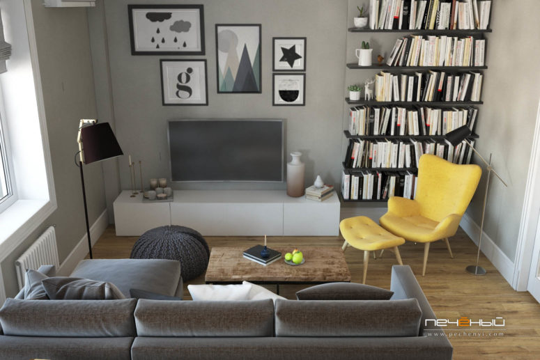 Floating shelves look airy enough but accomodate a lot, and a small TV unit is a good idea for additional storage Floating shelves look airy enough but accomodate a lot, and a small TV unit is a good idea for additional storage