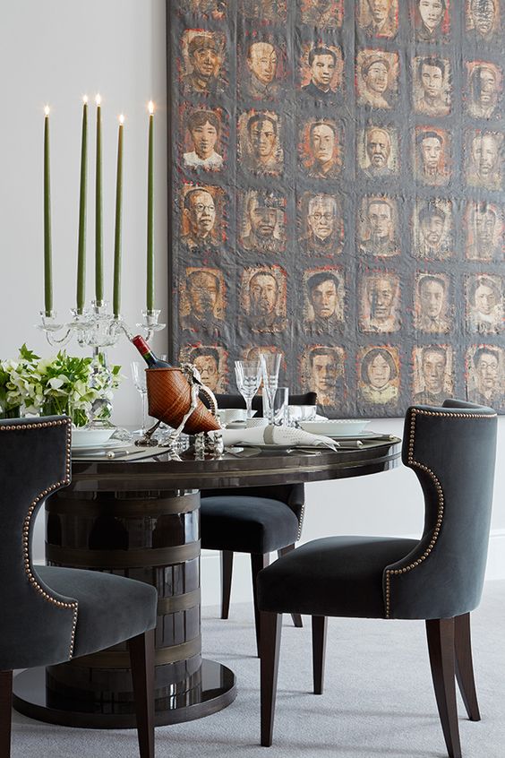black upholstered velvet chairs with nail decor create a statement
