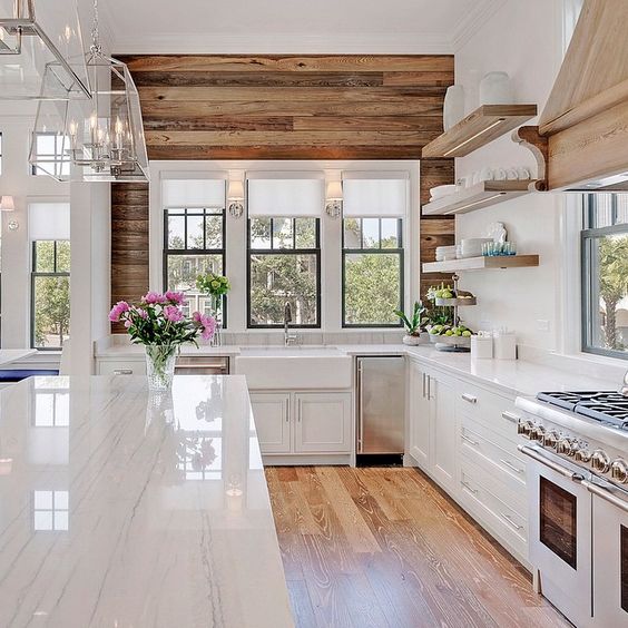 White Kitchen with Wood Floating Shelves