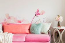 10 pink sofa with peachy pillows and nickel legs