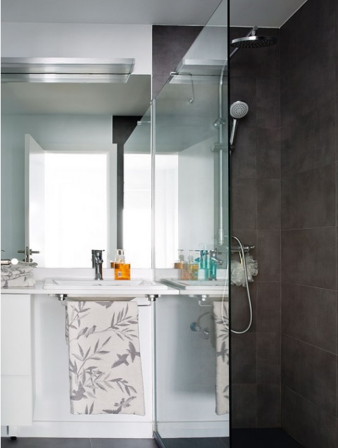 The bathroom is small, with dark shower tiles and much glass and mirror for a fresh modern look