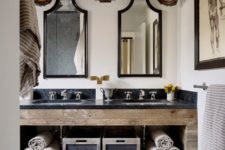 12 a reclaimed wood and stone bathroom vanity with an open shelf