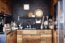 12 black tiles look stunning with light-colored wooden cabinets
