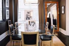 12 elegant black leather and light wood chairs look gorgeous with a glass top table