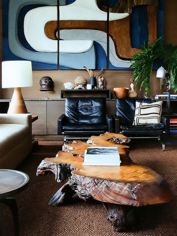 raw edge wood coffee table adds a natural touch to the room