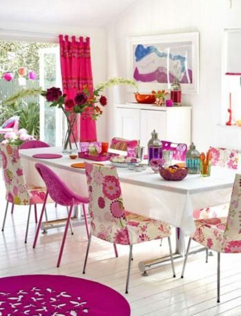 pink and floral upholstery dining chairs create that awesome girlish vibe