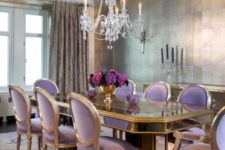 17 a refined dining room with lavender upholstery chairs