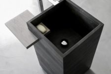 17 masculine sqaure dark sink with an integrated wooden shelf for soap