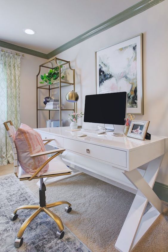 open shelving is much more lightweight looking, this brass system looks very glam