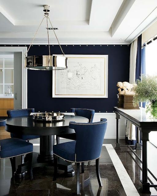 navy velvet chairs with nailhead trim echo with a navy wall