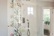 24 a walk-in shower with floral tiles looks girlish
