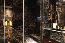 27 luxury black marble shower with gold details is just wow