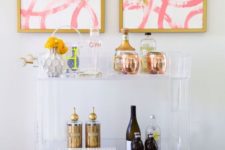 29 lucite bar cart on casters doesn’t steal attention from the wall arts