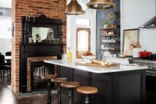33 shiny brass big lamps over the kitchen island