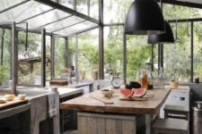 34 half glazed kitchen with big modern black pendant lamps