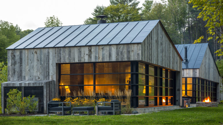 This woodshed inspired dwelling is located on a forested site and covered with weathered Douglas fir