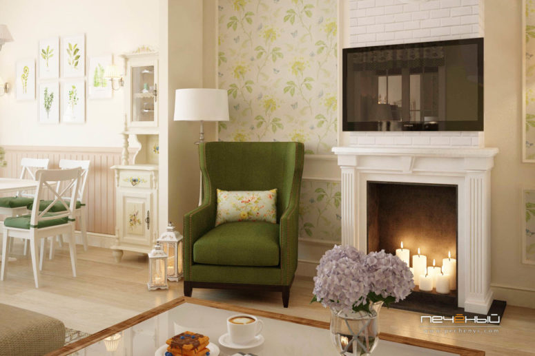 This is a part of the seating room with a faux fireplace and a cozy green armchair to spend evenings there