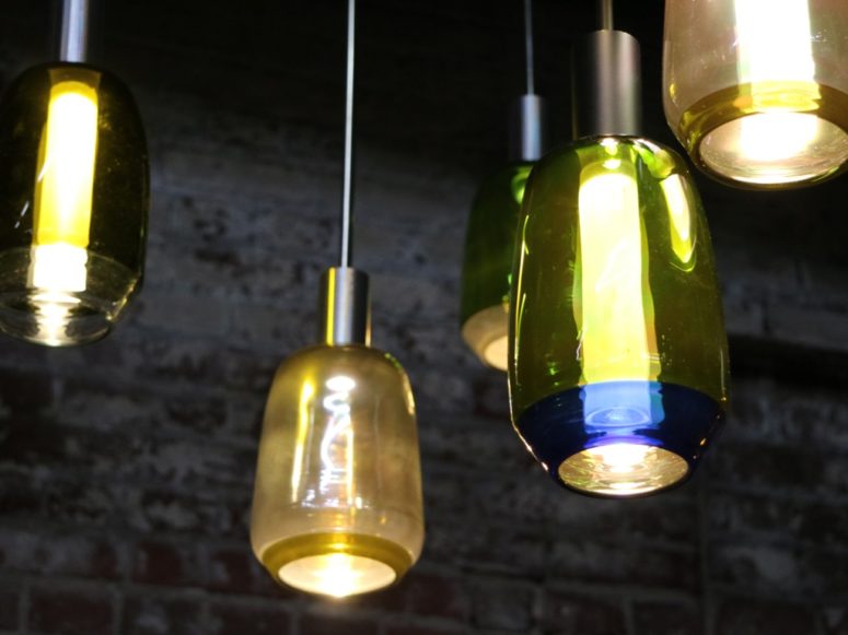 wine bottle lamps Incalmo pendant lamps are hand blown using repurposed wine bottles, which is a super eco-friendly idea