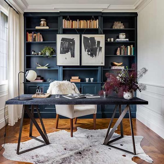 navy coated built-in shelves are a nice idea for any home office