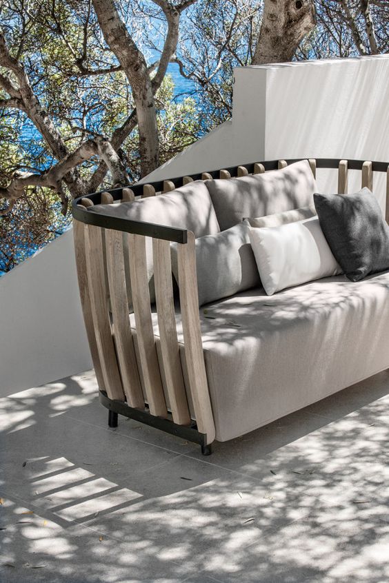 eye-catchy wooden sofa with grey upholstery